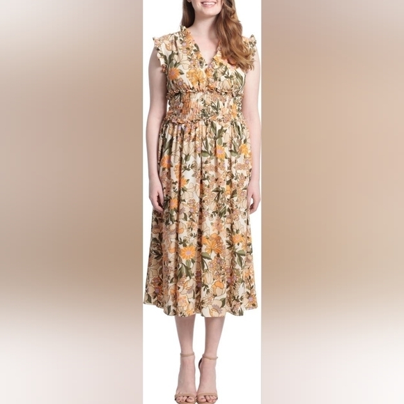 NWT London Times Smocked Ruffle Floral Midi Dress - Picture 1 of 6